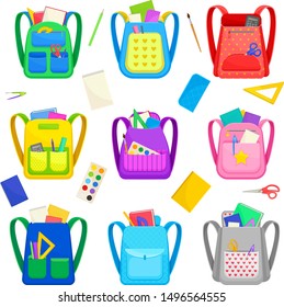 Set of different school backpacks with stationery. Vector illustration on a white background.