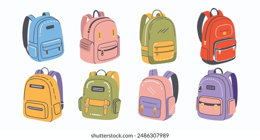 Set of different school backpacks. Vector illustration in flat style.