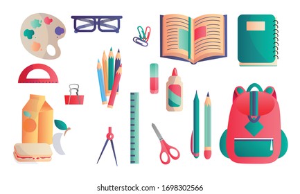 Set of different school and educational supplies. Vector illustration in flat cartoon style.