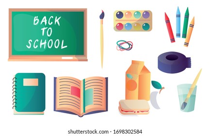 Set of different school and educational supplies. Vector illustration in flat cartoon style.