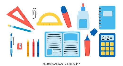 Set of different school and educational supplies. Vector illustration in flat cartoon style.