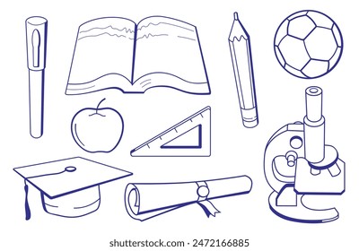 Set of different school icons. Education related elements, vector outline illustrations. Book, graduation cap, microscope.