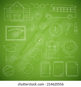 Set of different school items.
