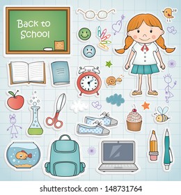 Set of different school items with a girl.