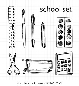 Set of different school items: ruler, scissors, pen, pencil, calculator, brush, pencil-case, paints