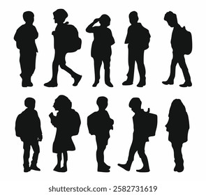 Set of different school kids, boys and girls black silhouettes. Puplis with backpacks standing, walking, going to school. Vector illustrations iaolated on white background