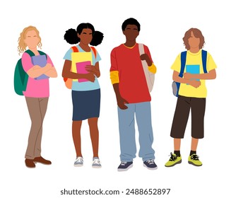 Set of different school kids standing, holding books. The children are wearing backpacks and colorful casual clothes. Back to school concept. Vector illustrations isolated on transparent background.