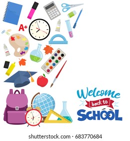 Set of different school supplies. First day of school, Back to school flat icons. Vector