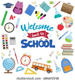 Set of different school supplies. First day of school, Back to school flat icons. Vector