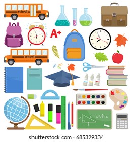 Set of different school supplies. First day of school, Back to school flat icons. Vector