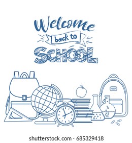 Set of different school supplies. First day of school, Back to school line icons. Vector