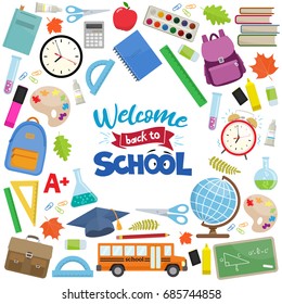 Set of different school supplies. First day of school, Back to school flat icons. Vector