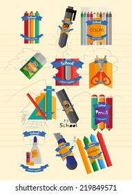 a set of different school supplies on a paper background