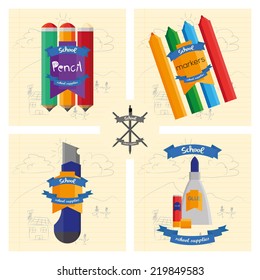 a set of different school supplies on paper backgrounds
