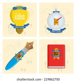 a set of different school supplies on paper backgrounds
