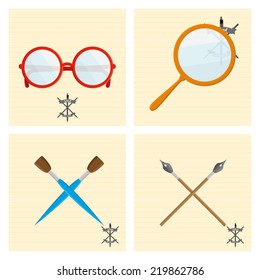 a set of different school supplies on paper backgrounds