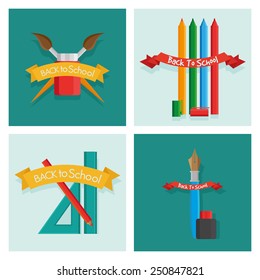 a set of different school supplies on different colored backgrounds
