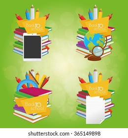 Set of different school supplies on a colored background
