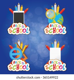 Set of different school supplies on a colored background
