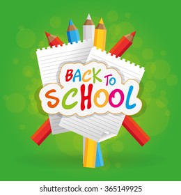 Set of different school supplies on a colored background