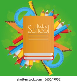 Set of different school supplies on a colored background