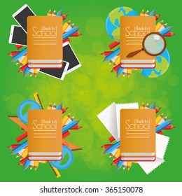 Set of different school supplies on a colored background