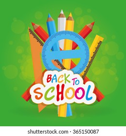 Set of different school supplies on a colored background