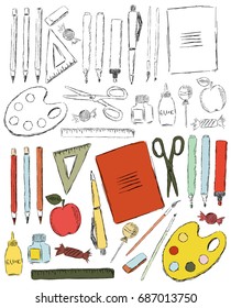 Set with different school supplies on white background