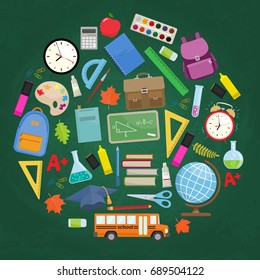 Set of different school supplies on a green chalkboard background. Decoration elements for Back to school holiday. Vector