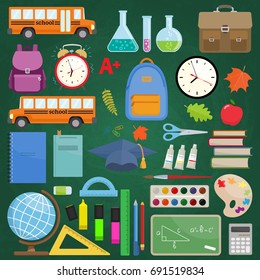 Set of different school supplies on a green chalkboard background. Decoration elements for Back to school holiday. Vector