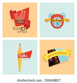 a set of different school supplies with ribbons with text on different colored backgrounds