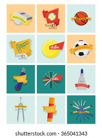 a set of different school supplies with ribbons with text on different colored backgrounds