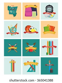 a set of different school supplies with ribbons with text on different colored backgrounds