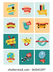 a set of different school supplies with ribbons with text on different colored backgrounds