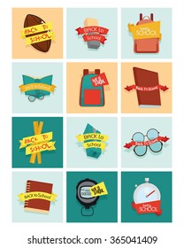 a set of different school supplies with ribbons with text on different colored backgrounds