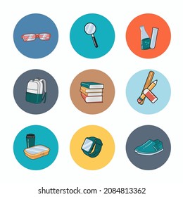 set of different school supplies vector illustration. Back to school flat icons. Vector