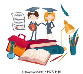 Set of different school or university items and boy and girl. Vector flat illustration.