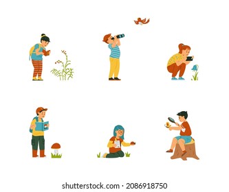 Set with different schoolchildren or preschoolers studying world in flat vector illustration isolated on white. Cartoon children characters look at nature through magnifying glass, take pictures