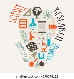 Set of different science elements or symbols in creative light bulb shape on grey background.
