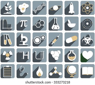 A set of different science icons in grey color.