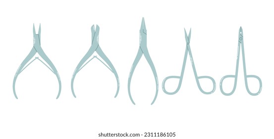 Set different scissors and tweezers for nail treatments. Design products for manicure and pedicure in colorful flat vector illustration.