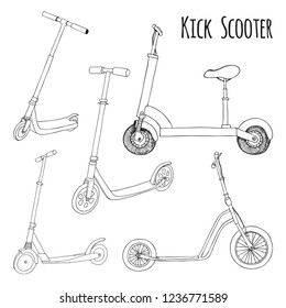 Set of different scooters. Vector illustration in sketch style.