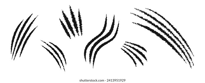 Set of different scratch claw marks. Tiger, bear, wolf, panther, monster, werewolf talons trace isolated on white background. Scary torn scars. Wild animals scratches track. Vector graphic illustraton