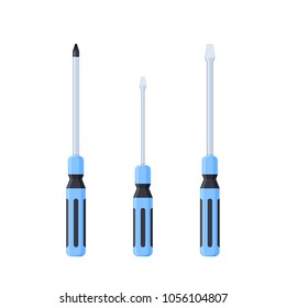 Set of different screwdrivers cross-shaped and conventional flat. Working tool for repair and construction. Vector illustration isolated.