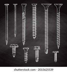 Reihe verschiedener Schrauben, Nägel einzeln auf der Tafel. Vektorgrafik