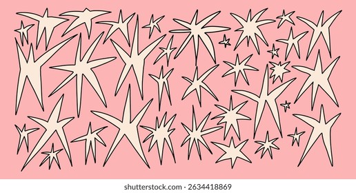 Conjunto de diferentes estrelas desenhadas à mão rabiscar. Elementos decorativos abstratos vetoriais contemporâneos.