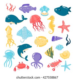 Set of different sea animals in cute cartoon style. Vector illustration