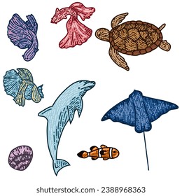 set of different sea animals and fish.