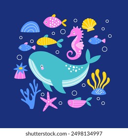 Set with different sea animals and seaweed. Vector illustration