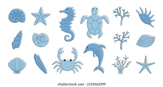 Set of different sea elements - shells, starfish, seahorse, turtle, crab, dolphin, corals. Vector illustration.